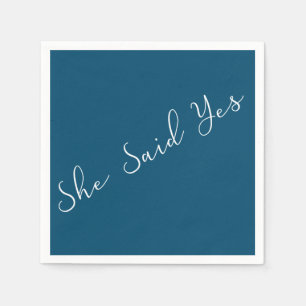She Said Yes, Elegant Typography in White and Blue Napkins