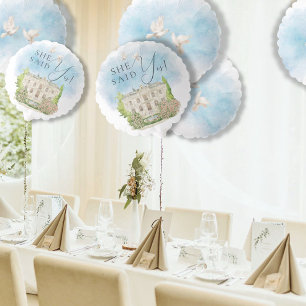 She Said Yes! Elegant Venue doves Fountain flowers Balloon
