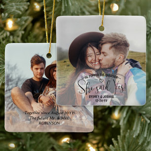 She Said Yes! Engagement 2 Photo Christmas Square Ceramic Ornament