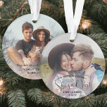 She Said Yes! Engagement 2 Sided Photo Christmas Ornament<br><div class="desc">Celebrate a joyful Christmas proposal and engagement with a custom 2 photo round acrylic ornament. The pictures and all text on this template are simple to personalize, including wording that reads "He popped the question ... she said yes!" The design features a modern black and white typography overlay, trendy script...</div>