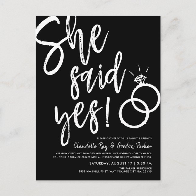 She Said Yes! | Engagement Dinner| Black Invitation Postcard (Front)