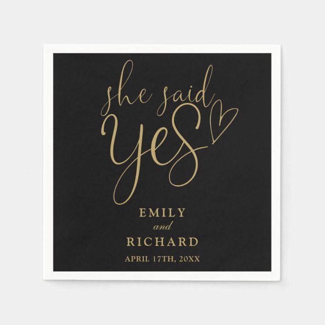 She Said Yes Engagement Party Black And Gold Napkins (Front)