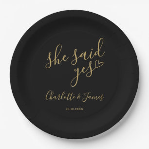 She Said Yes Engagement Party Black And Gold Paper Plates