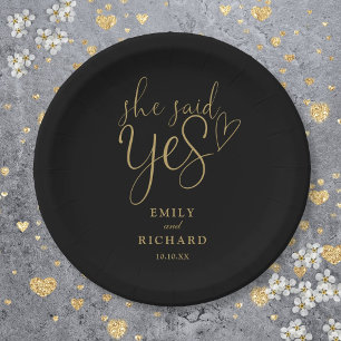 She Said Yes Engagement Party Black And Gold Paper Plates
