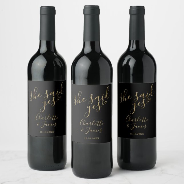She Said Yes Engagement Party Black And Gold Wine Label (Bottles)