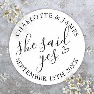 She Said Yes Engagement Party Black And White Classic Round Sticker