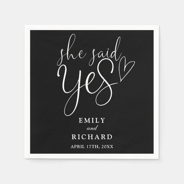 She Said Yes Engagement Party Black And White Napkins (Front)