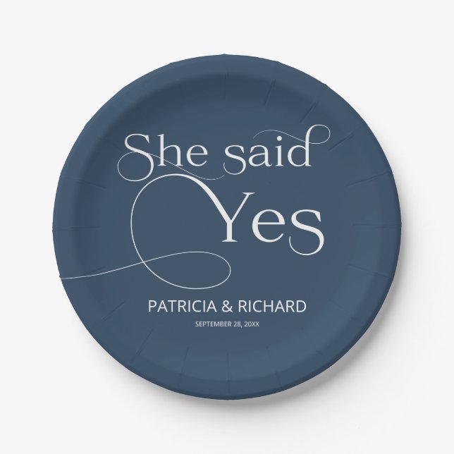 She Said Yes Engagement Party Blue Paper Plates (Front)