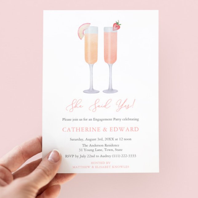 She Said Yes Engagement Party Cocktail Hour Invitation (She Said Yes! Pretty watercolor bellini cocktails engagement party invitation in peach & strawberry)