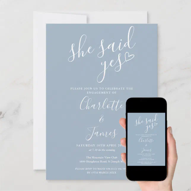 She Said Yes Engagement Party Dusty Blue Invitation Zazzle 4171