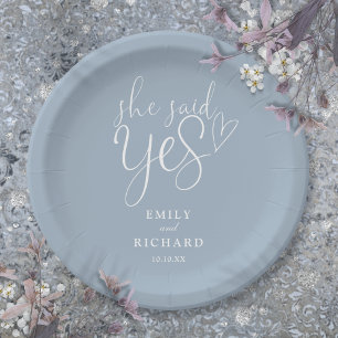 She Said Yes Engagement Party Dusty Blue Paper Plates