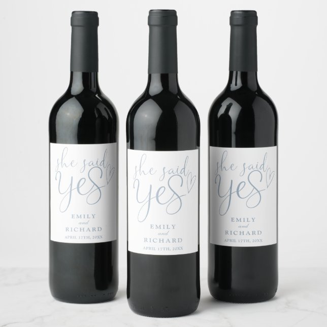 She Said Yes Engagement Party Dusty Blue Wine Label (Bottles)