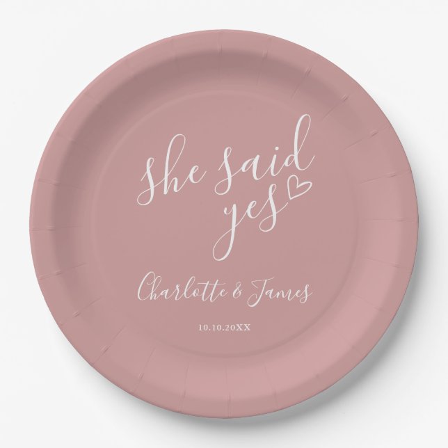 She Said Yes Engagement Party Dusty Rose Paper Plates (Front)