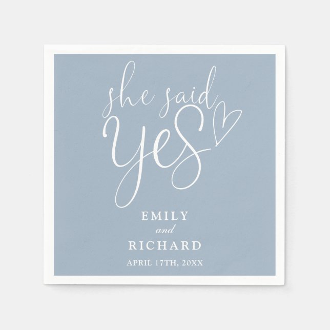 She Said Yes Engagement Party Elegant Dusty Blue Napkins (Front)