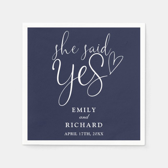 She Said Yes Engagement Party Elegant Navy Blue Napkins (Front)