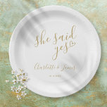 She Said Yes Engagement Party Gold Heart Paper Plates<br><div class="desc">These stylish gold "she said yes" engagement party plates can be personalized with your engagement party details. Designed by Thisisnotme©</div>