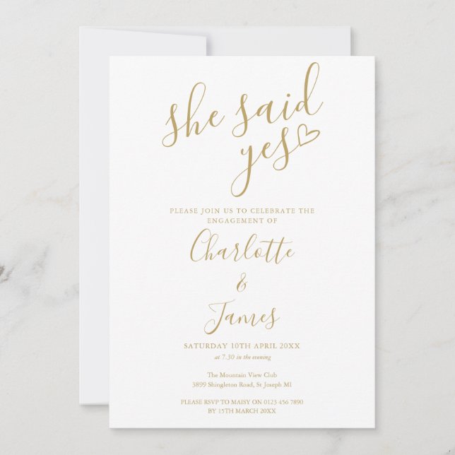 She Said Yes Engagement Party Gold Love Heart  Invitation (Front)