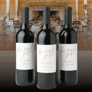 She Said Yes Engagement Party Gold Love Heart Wine Label