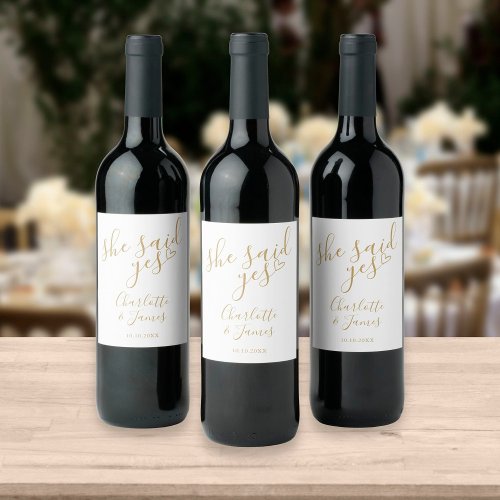 She Said Yes Engagement Party Gold Love Heart Wine Label