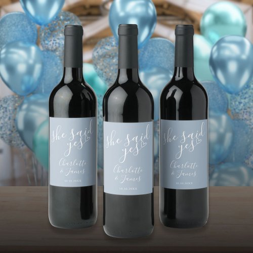 She Said Yes Engagement Party Heart Dusty Blue Wine Label