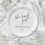 She Said Yes Engagement Party Love Heart Paper Plates<br><div class="desc">These stylish black and white "she said yes" engagement party plates can be personalized with your engagement party details. Designed by Thisisnotme©</div>