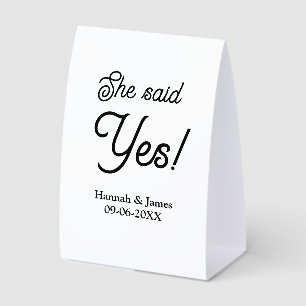 She said yes engagement party name date simple min paper table tent