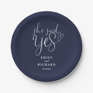 She Said Yes Engagement Party Navy Blue Paper Plates