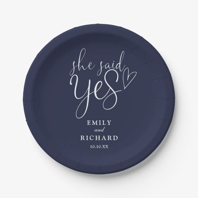 She Said Yes Engagement Party Navy Blue Paper Plates (Front)