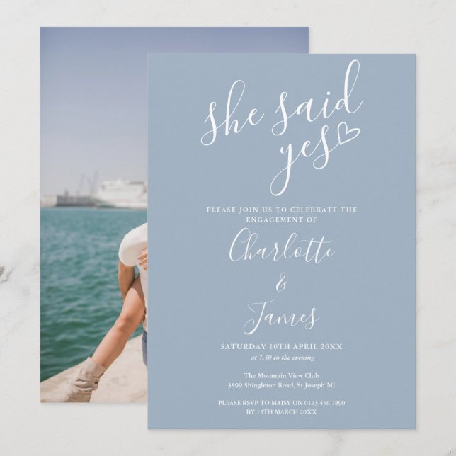 She Said Yes Engagement Party Photo Dusty Blue Invitation (Front/Back)