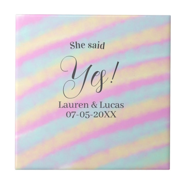 She said yes engagement party pink blue yellow ste ceramic tile (Front)
