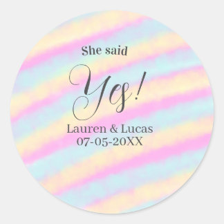 She said yes engagement party pink blue yellow ste classic round sticker