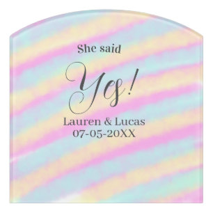 She said yes engagement party pink blue yellow ste door sign
