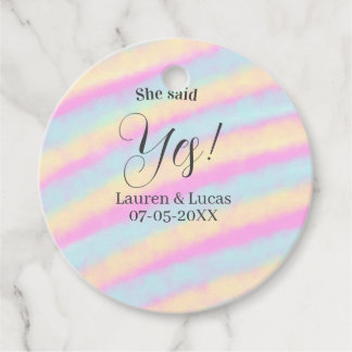 She said yes engagement party pink blue yellow ste favor tags