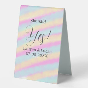 She said yes engagement party pink blue yellow ste table tent