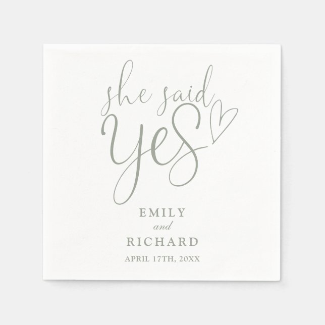 She Said Yes Engagement Party Sage Green Napkins (Front)