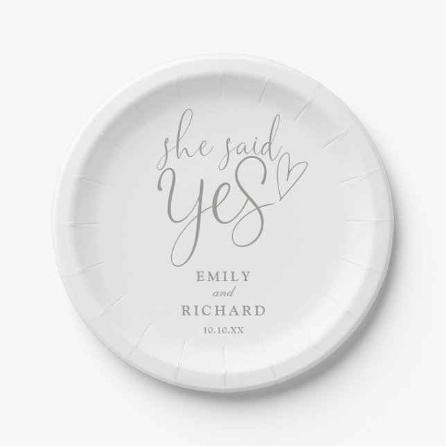 She Said Yes Engagement Party Sage Green Paper Plates (Front)