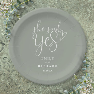 She Said Yes Engagement Party Sage Green Paper Plates