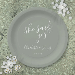 She Said Yes Engagement Party Sage Green Paper Plates