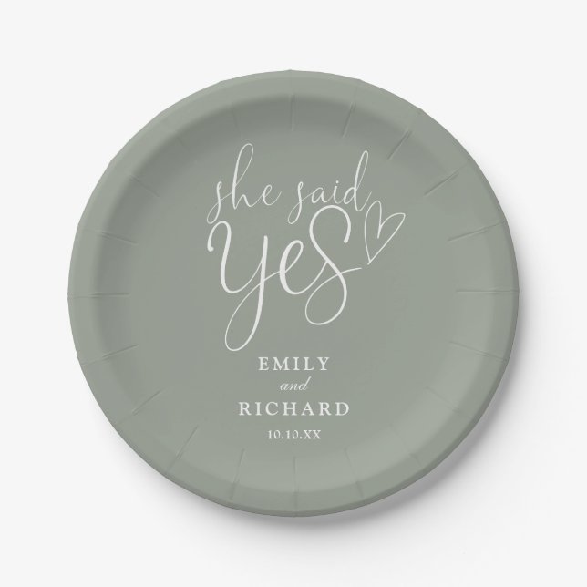 She Said Yes Engagement Party Sage Green Paper Plates (Front)