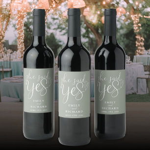 She Said Yes Engagement Party Sage Green Wine Label