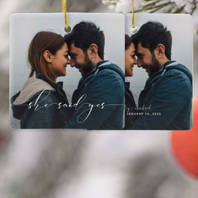 She Said Yes Engagement Photo Keepsake Ceramic Ornament (The moment she said yes. The memory you'll keep forever.)