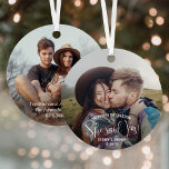 She Said Yes! Engagement Photos 2 Sided Christmas Metal Ornament<br><div class="desc">Celebrate a joyful Christmas proposal and engagement with a custom 2 photo round metal ornament. Pictures and all text on this template are simple to personalize, including wording that reads "He popped the question ... she said yes!" The design features a modern black and white typography overlay, trendy script calligraphy,...</div>