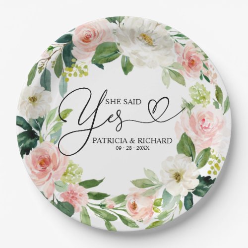 She Said Yes Floral Engagement Party Paper Plate
