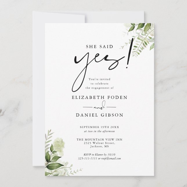 She Said Yes Floral Greenery Engagement Party Invitation (Front)