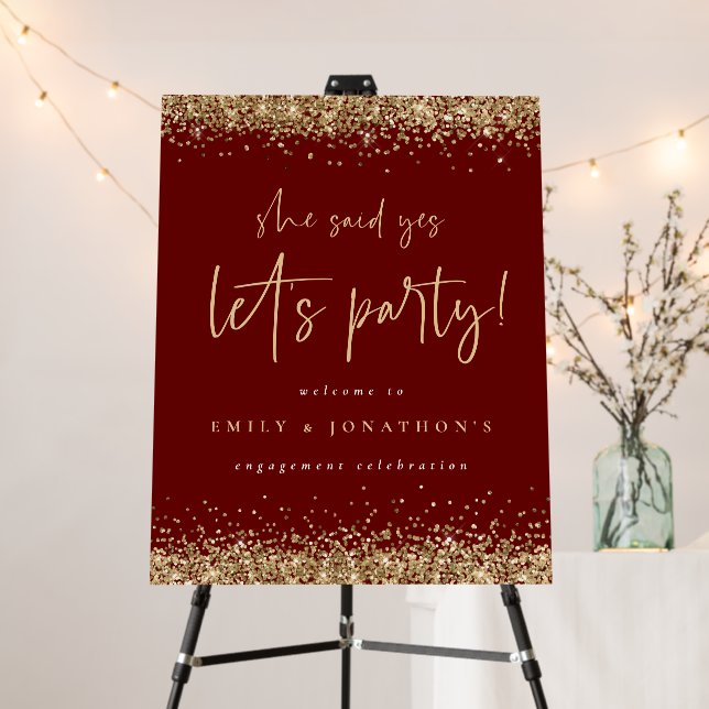 She said Yes Gold Glitter Burgundy Engagement Foam Board (In Situ (Stand))