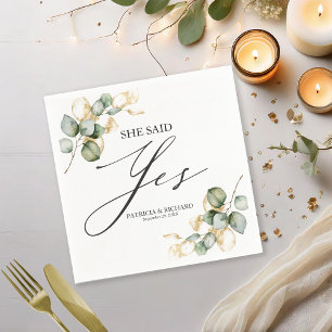 She Said Yes Gold Greenery Engagement Napkins