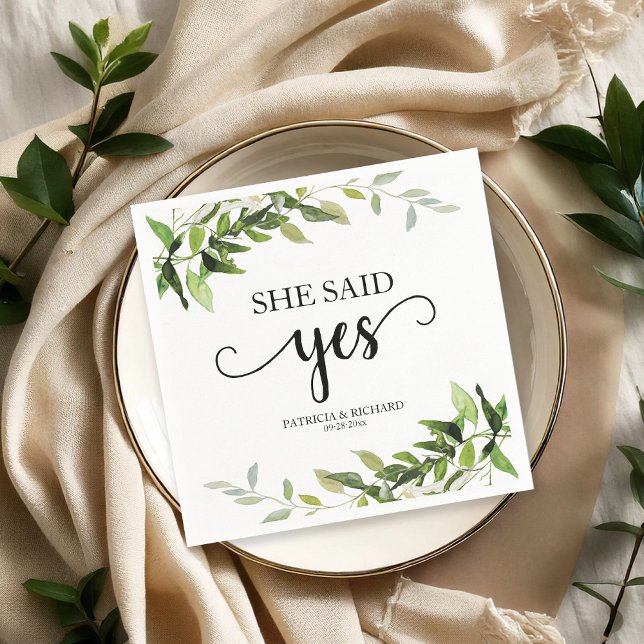 She Said Yes Gold Greenery Engagement  Napkins (Creator Uploaded)