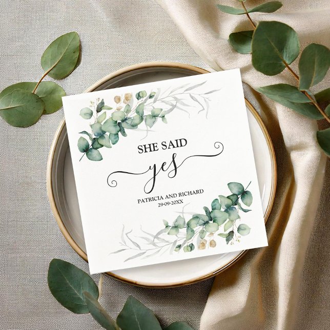She Said Yes Gold Greenery Engagement  Napkins (Creator Uploaded)