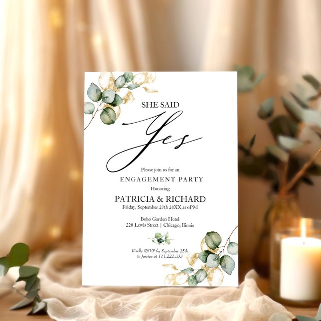 She Said Yes Gold Greenery Engagement Party Invitation (Creator Uploaded)