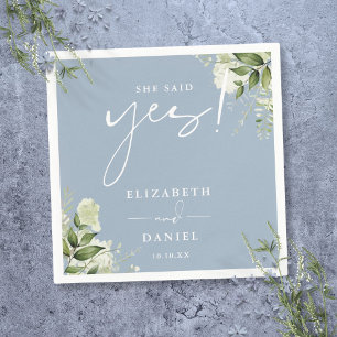 She Said Yes Greenery Dusty Blue Engagement Party Napkins